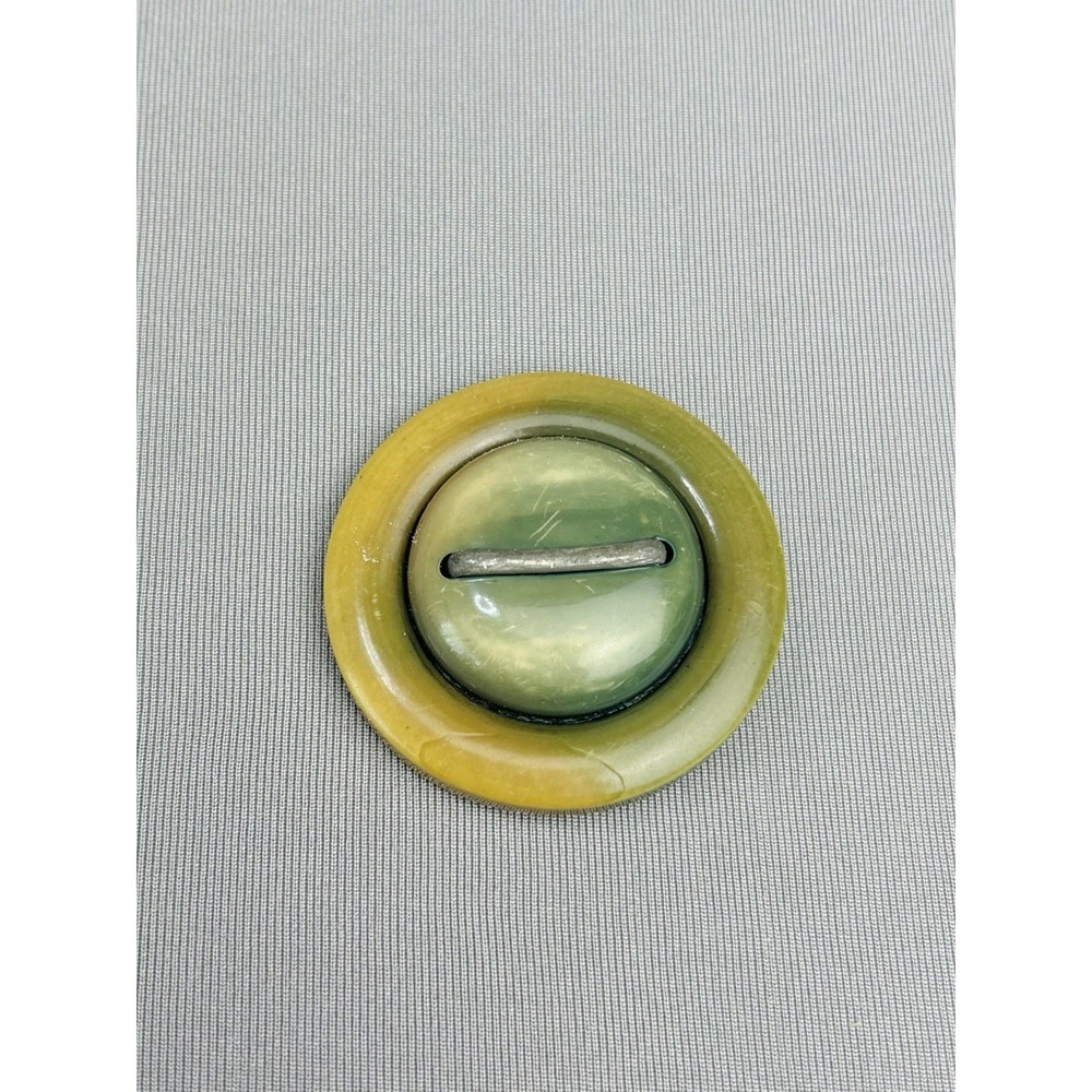 Vintage Mottled Green Plastic Metal Stripe Flying Saucer Large Coat Button